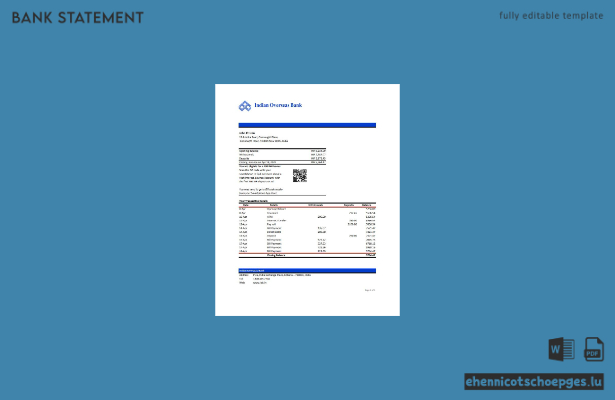 Beispiel-Excel-Vorschau für einen Kontoauszug der Indian Overseas Bank (Indien)